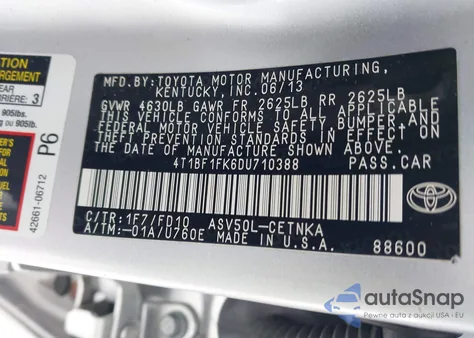 2013 Toyota Camry Le from USA, damaged, VIN 4T1BF1FK6DU710388